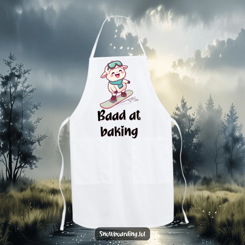 Funny apron depicting a sheep with a wide giggle, comically trying to snowboard while cooking. Ideal for kitchen use.