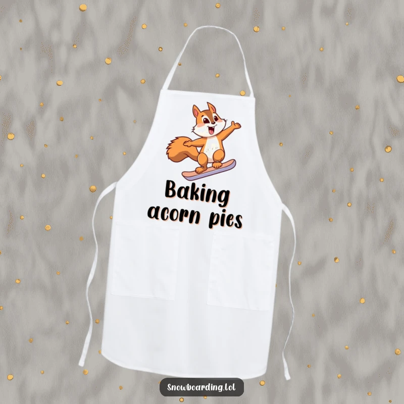 Funny squirrel snowboard apron showing a squirrel jumping on a snowboard, perfect for kitchen use with a dose of humor.