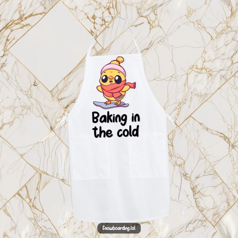 Funny apron with a delighted chick wearing a scarf, snowboarding with great enthusiasm.