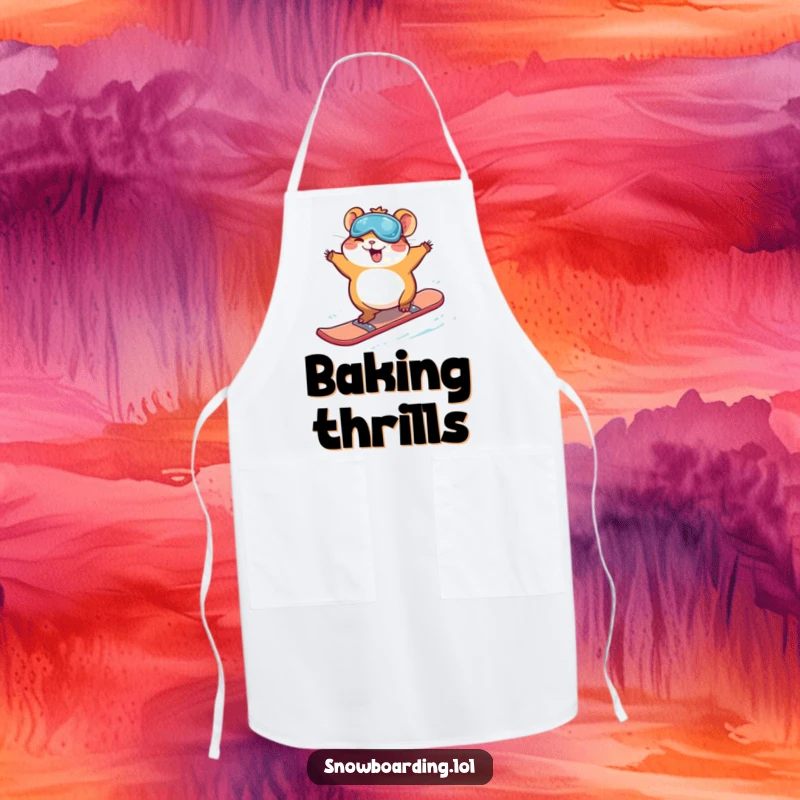 Funny giggling hamster mid-jump on a snowboard, adorning a humorous apron for a delightful cooking experience.