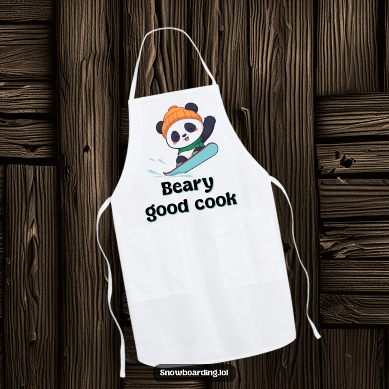 Funny panda snowboard apron showing a panda attempting a flip, ideal for kitchen use with a dose of humor and winter sports flair.