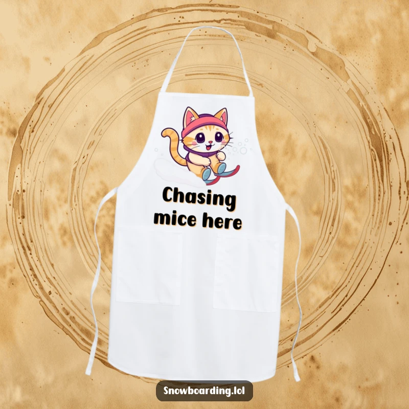 Funny cat snow zoomie apron showing a cat speeding downhill, perfect for kitchen duty with a dose of playful energy.