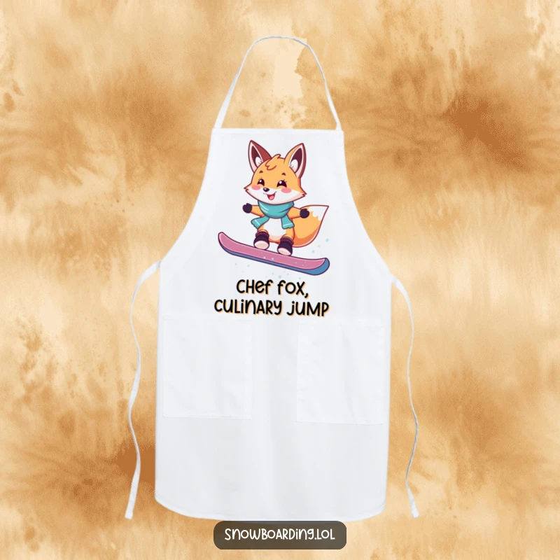 Funny apron with a smiling fox in mid-air performing a playful snowboard jump, perfect for kitchen protection and humorous flair.