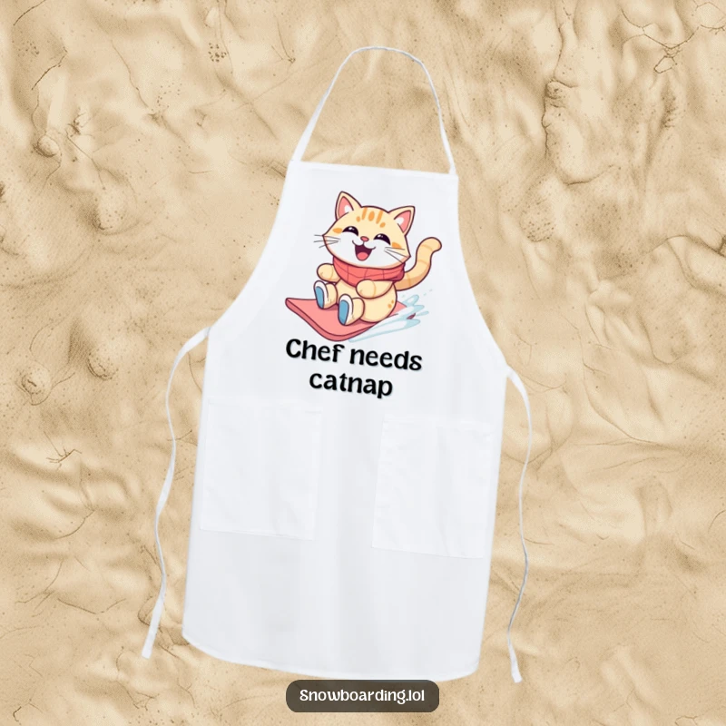 Funny grinning cat sliding on a snowboard with windblown fur on a cooking apron.