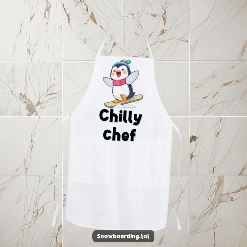 Funny Penguin Snowboarder Apron: A delighted penguin attempting a wobbly, hilarious snowboard trick while you cook.