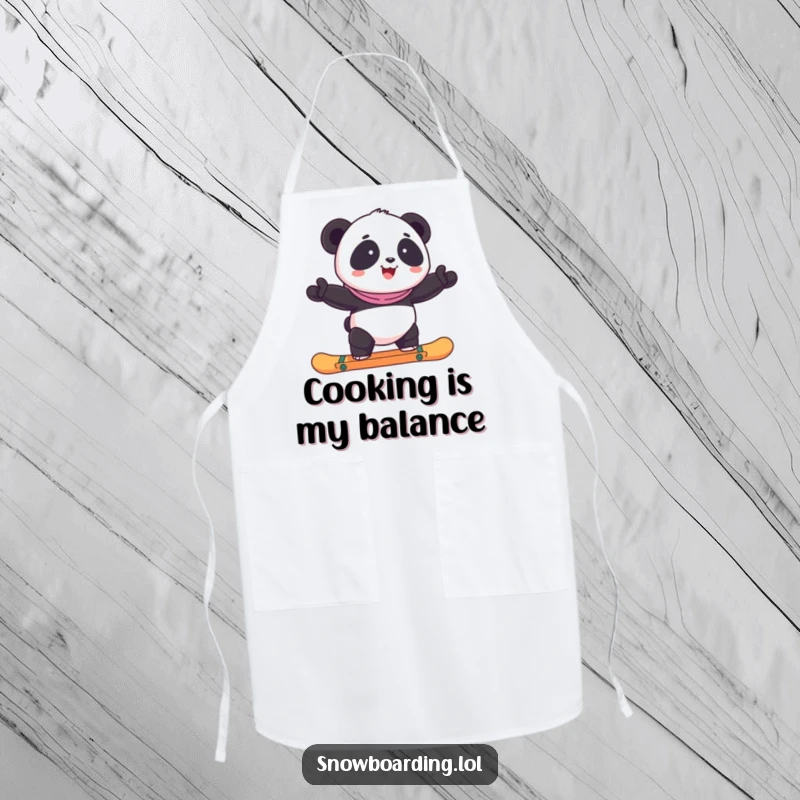 Funny panda attempting to snowboard, printed on a durable and humorous kitchen apron.