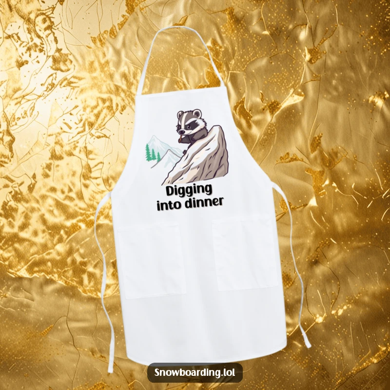 Funny apron showing a brave badger skillfully snowboarding down a slope, perfect for chefs who bring precision and humor to cooking.