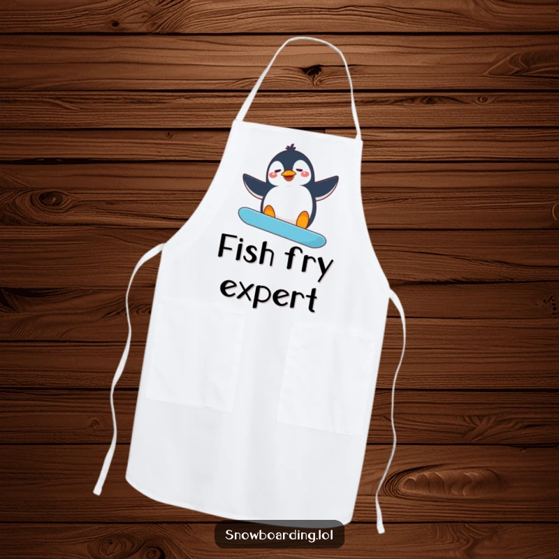 Funny penguin snowboarder apron, a silly penguin with flailing arms attempting a snowboard spin, ready for kitchen fun.