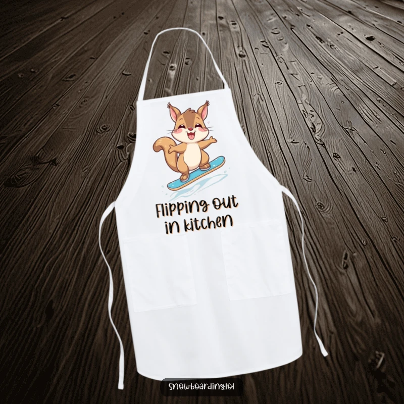 Funny Giggling Squirrel Snowboarder Apron: A cute squirrel attempting a jump on a snowboard, perfect for kitchen protection.