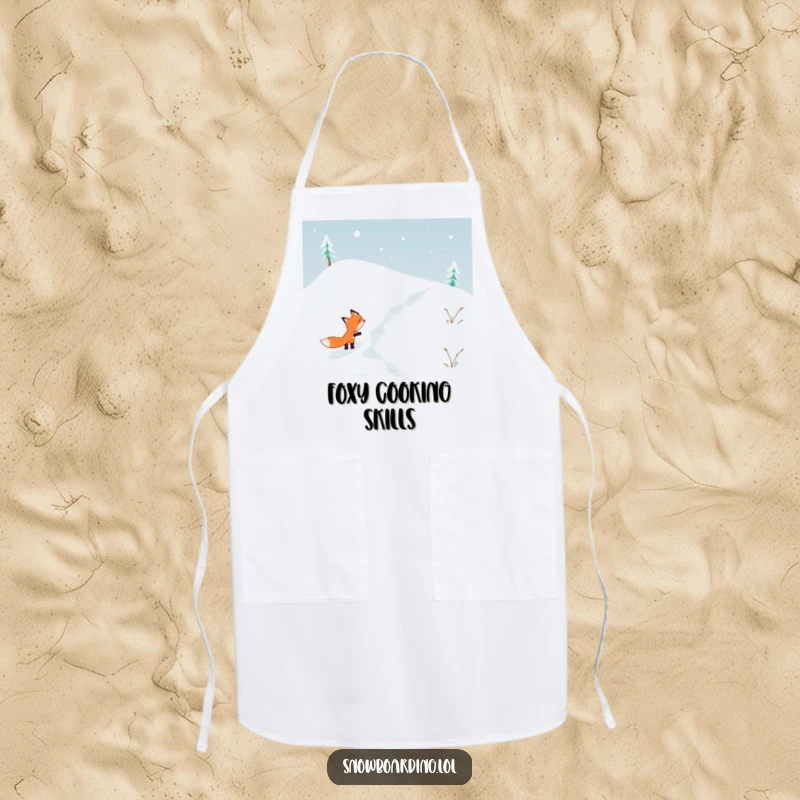 Funny apron showing a determined fox skiing down a snowy hill, perfect for kitchen adventures with a humorous, sporty touch.
