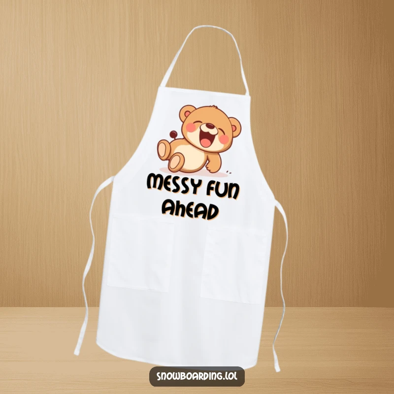 Funny apron featuring a bear cub tumbling downhill with laughter, a cartoon character adding playful fun to kitchen tasks.