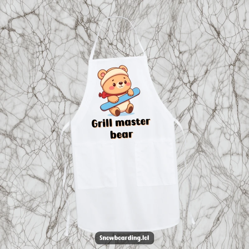 Funny cute bear balancing a snowboard on its nose on a cooking apron.