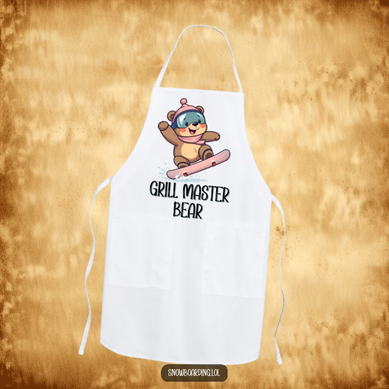 Funny bear snowboarder apron, a determined bear landing a snowboarding trick, ready to assist in the kitchen with a grin.