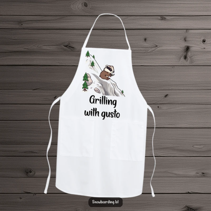 Funny apron with a brave badger confidently snowboarding down a mountain, carving smooth, impressive turns.