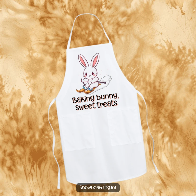 Funny apron with a cheerful bunny carving down a snowy slope on a snowboard, perfect for kitchen protection and humorous flair.
