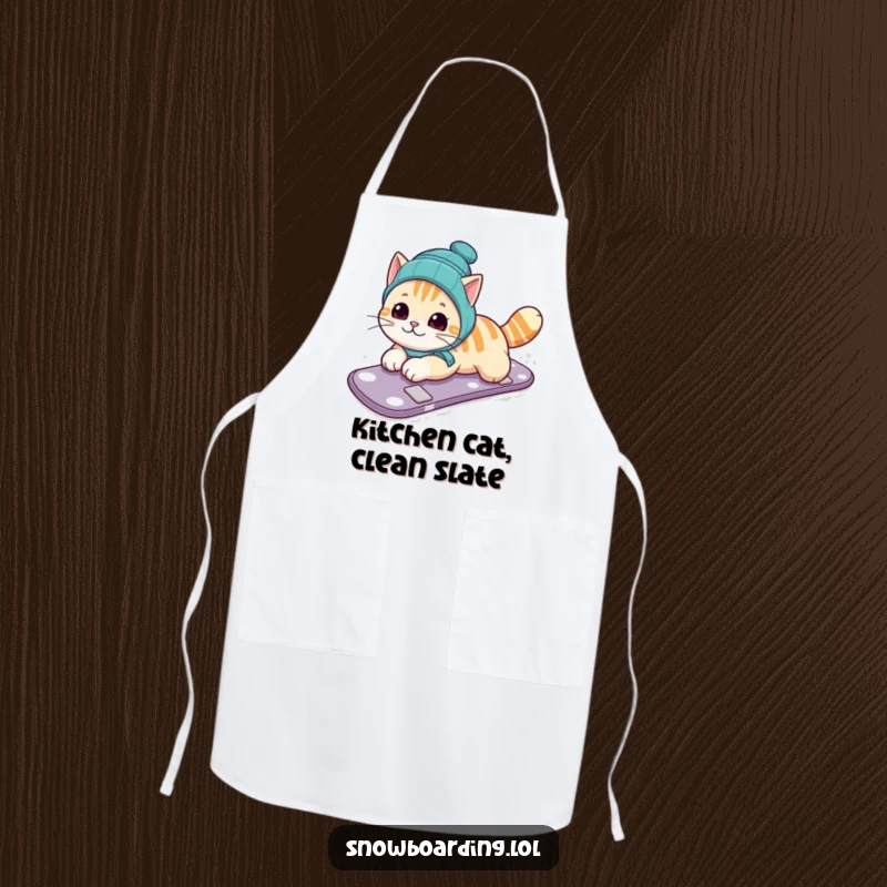 Funny apron with a curious cat sliding on its belly down a snowy slope on a snowboard, perfect for kitchen protection and humor.