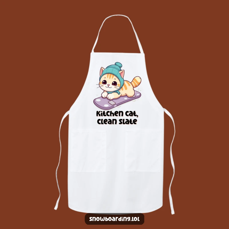 Funny Cat Snowboarding Apron: Kitchen Fun with Feline Belly Slide Spirit