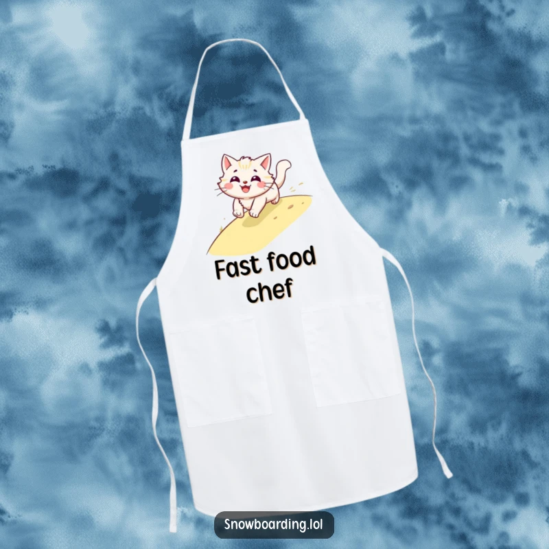 Funny cat apron, a smiling blur of fur speeding downhill, a humorous and practical accessory for any kitchen.