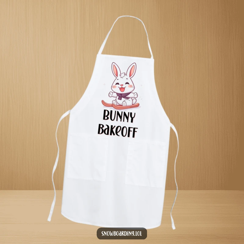 Funny cheerful rabbit carving a snowboard turn, depicted on a humorous apron for a joyful cooking experience.