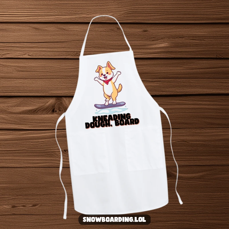 Funny apron showing a dancing dog balancing on a snowboard, tail wagging, a humorous kitchen accessory perfect for chefs and entertainers.