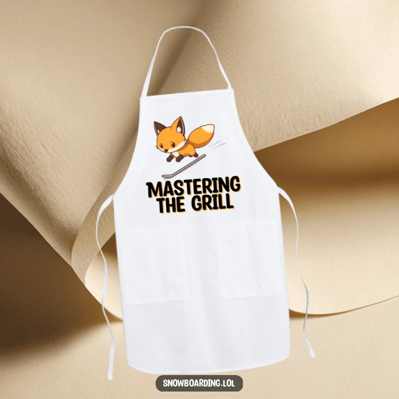 Funny apron showing a determined fox snowboarding swiftly down a slope, perfect for cooks who value speed and precision with a humorous twist.