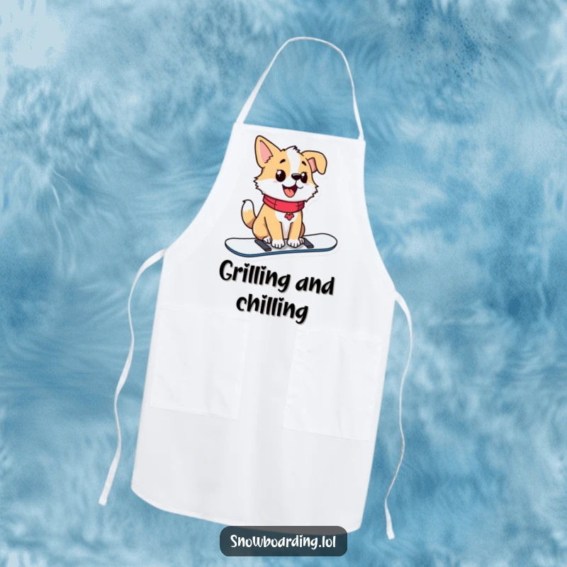 Funny apron with a proud dog sitting upright on a snowboard, tail wagging happily.
