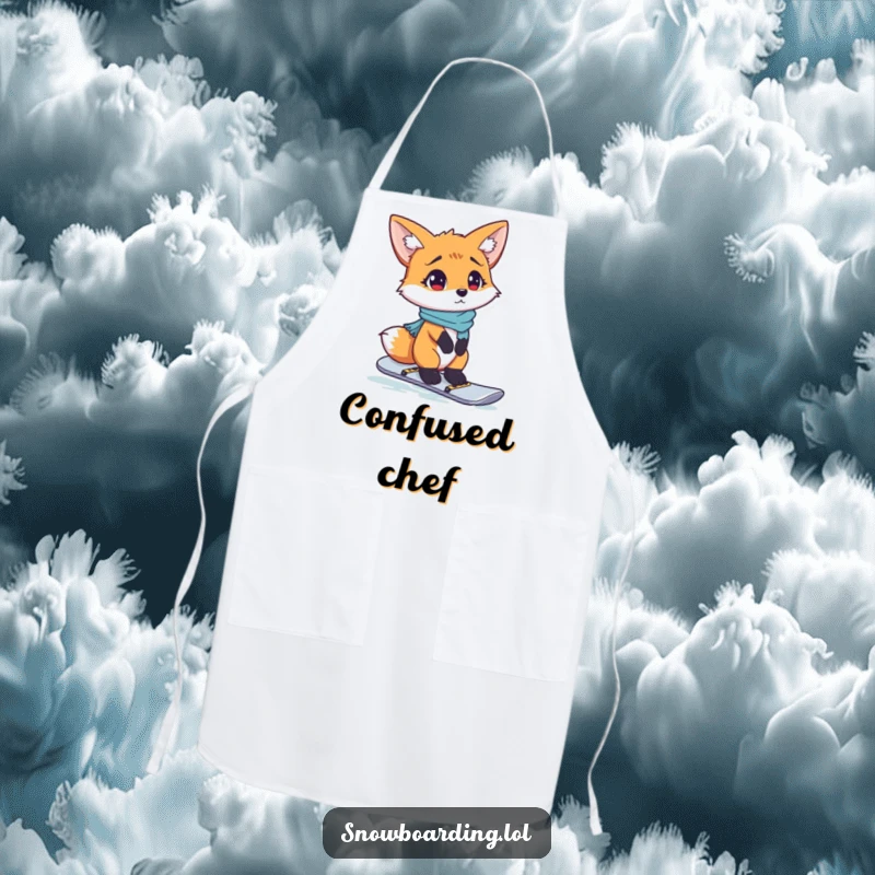Funny apron with a confused fox trying to snowboard, bringing humor to the kitchen.