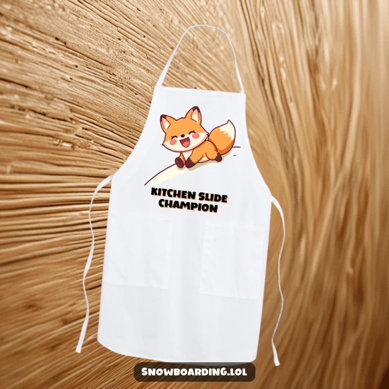 Funny fox enjoying a belly slide adventure, printed on a durable and humorous kitchen apron.