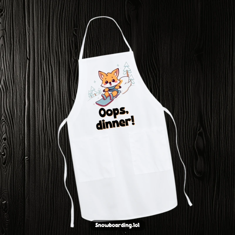 Funny fox apron, a surprised animal comically tumbling down a snowy mountain on a snowboard. A humorous accessory for cooks.