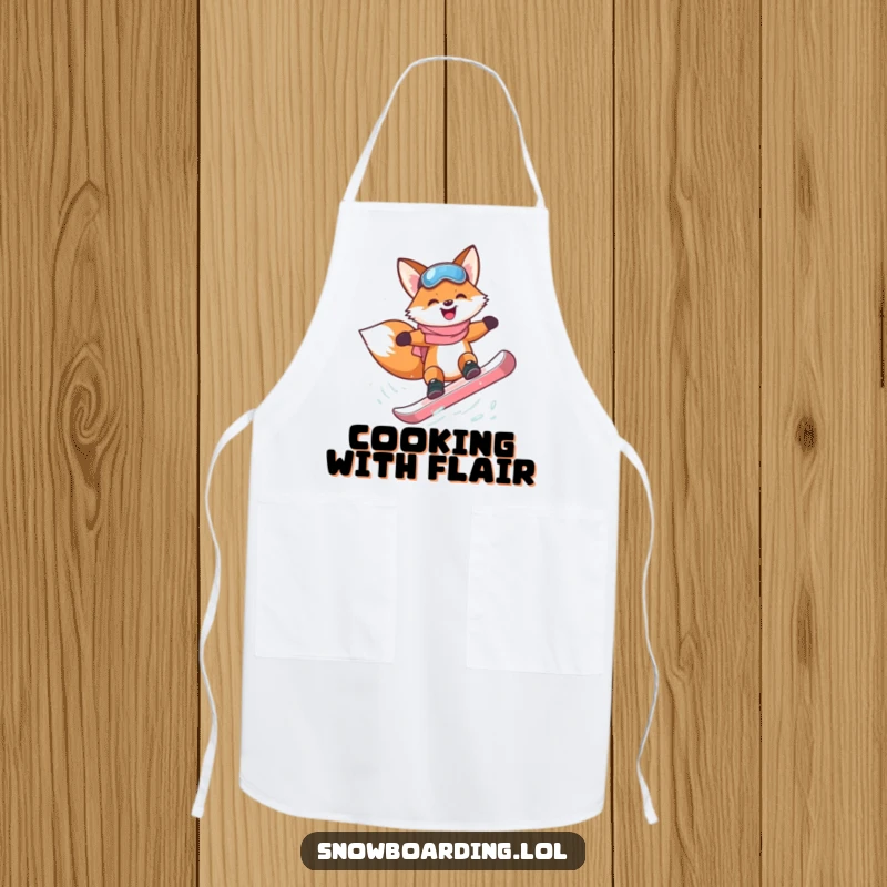 Funny happy fox attempting a flip on a snowboard on a cooking apron.