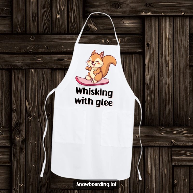 Funny giggling squirrel spinning on its snowboard while wearing a humorous kitchen apron.