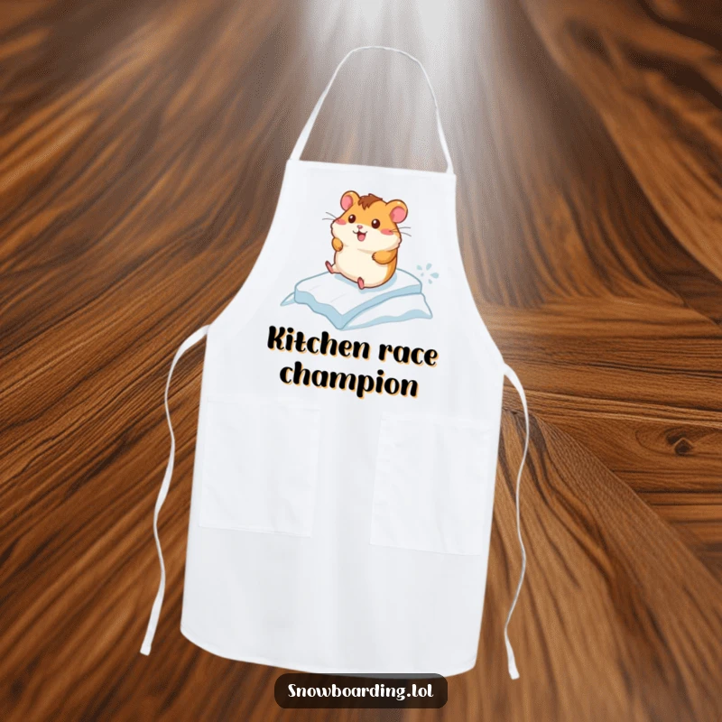 Funny apron featuring a cheerful hamster racing down a small icy incline, adding a touch of speedy, kitchen-friendly humor.