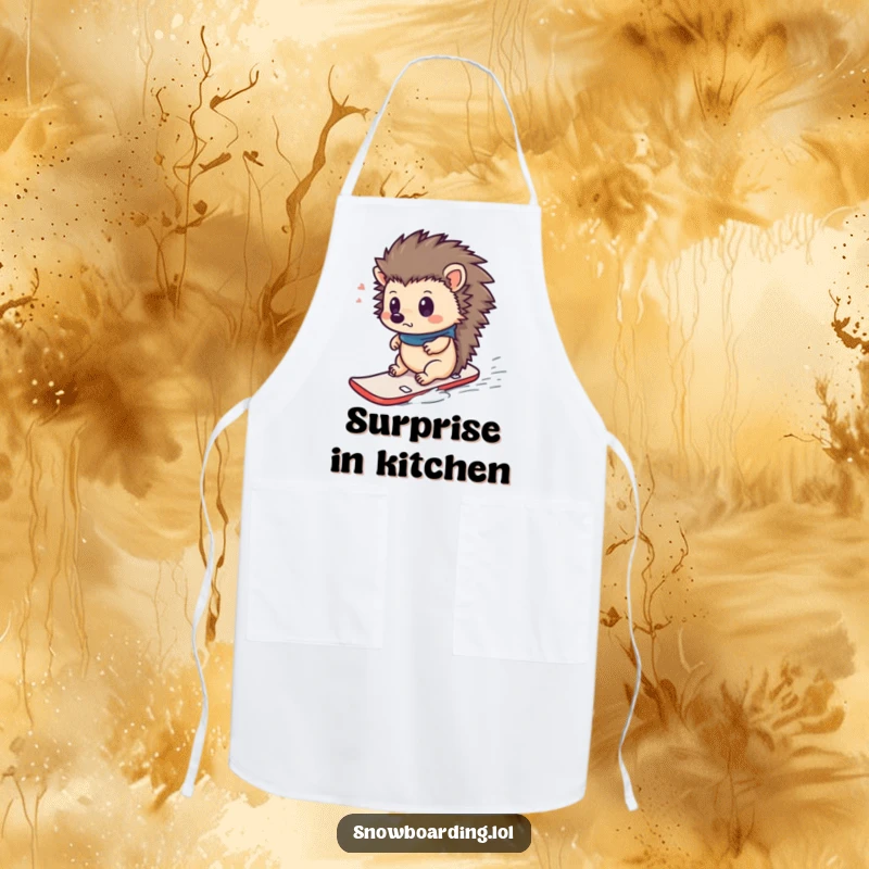 Funny apron showing a curious hedgehog looking surprised while riding a tiny snowboard, adding winter humor to kitchen tasks.
