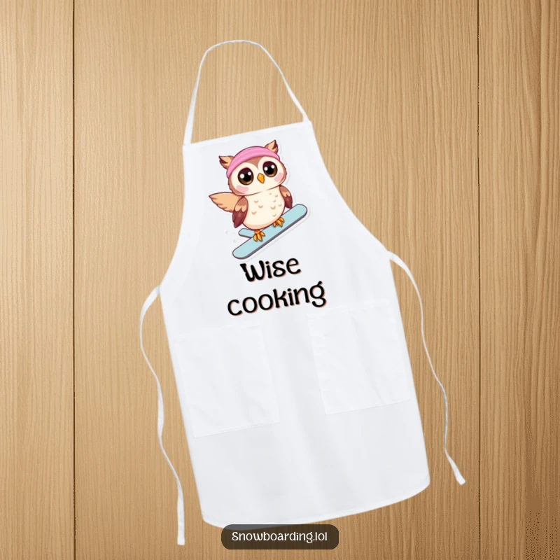 Funny apron showing a beaming owl, eyes wide, snowboarding downhill, adding winter and adventure humor to kitchen tasks.