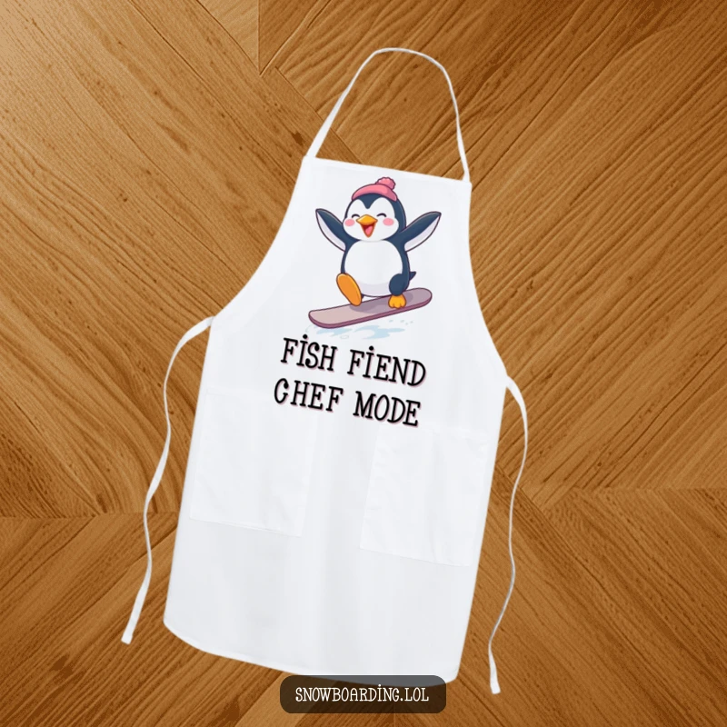 Funny Penguin Snowboard Apron: A penguin comically attempting a snowboard jump with arms flailing, ready for kitchen fun.