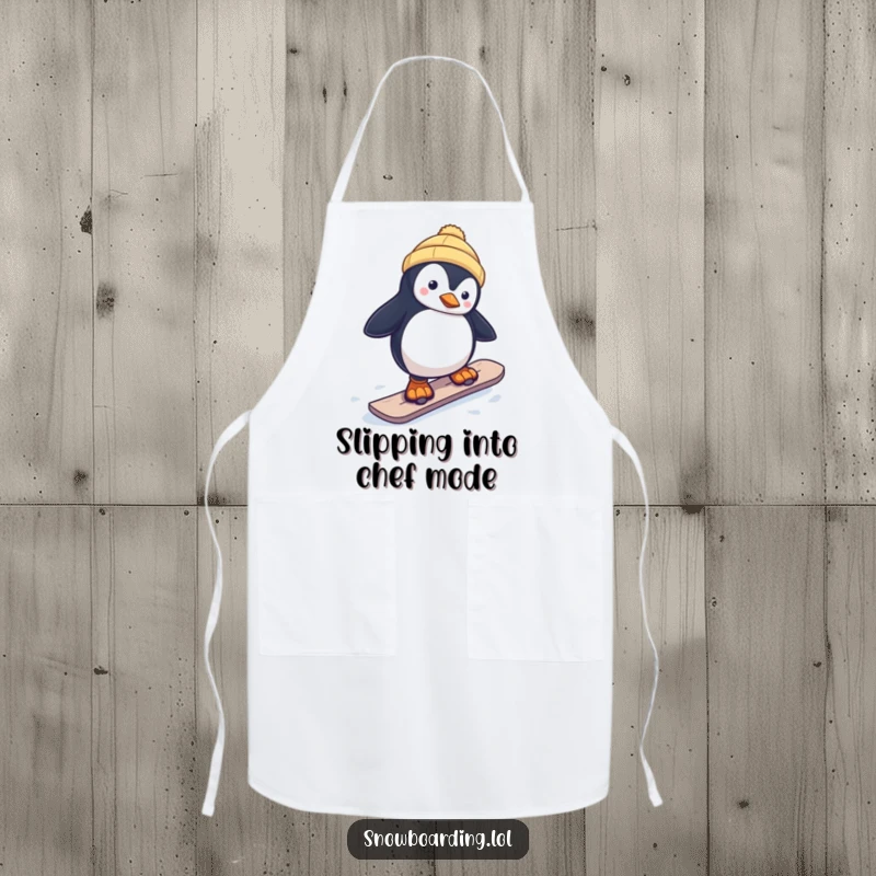 Funny apron featuring a curious penguin wobbling on a snowboard, perfect for kitchen duties with a humorous, wintery twist.