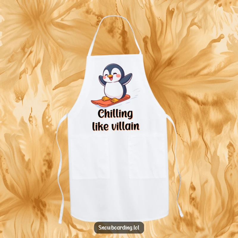 Funny joyful penguin carving down a snowy slope on a snowboard on a cooking apron.