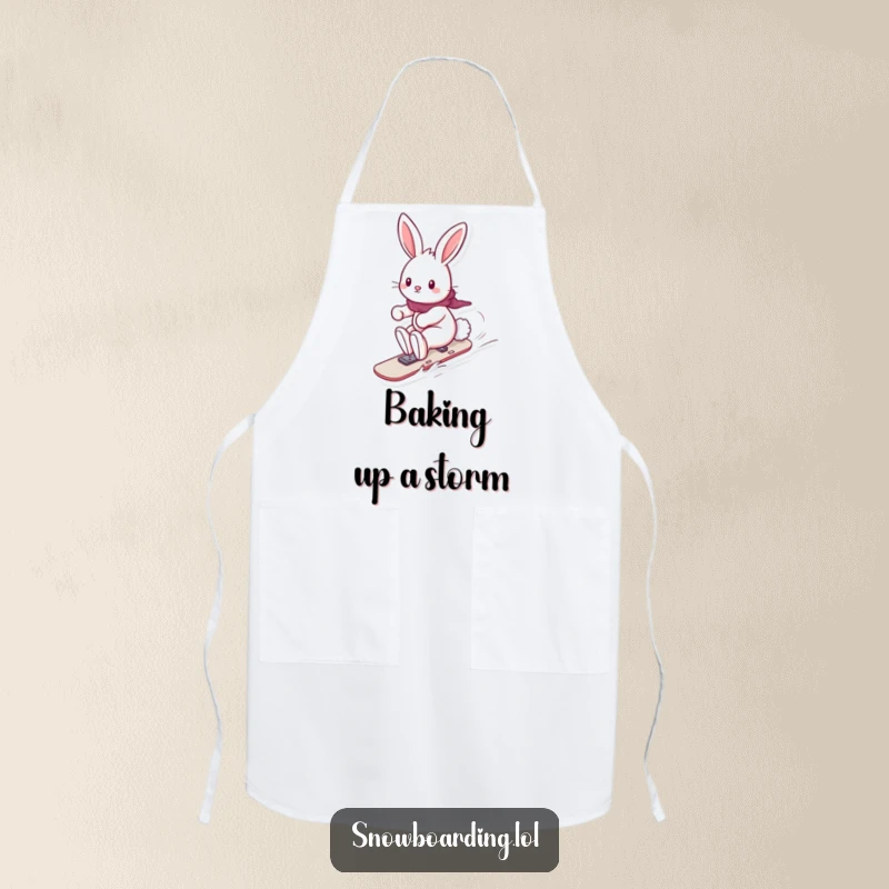Funny apron showing a playful bunny snowboarding with its fluffy tail trailing, cute and humorous kitchen wear for baking and cooking.
