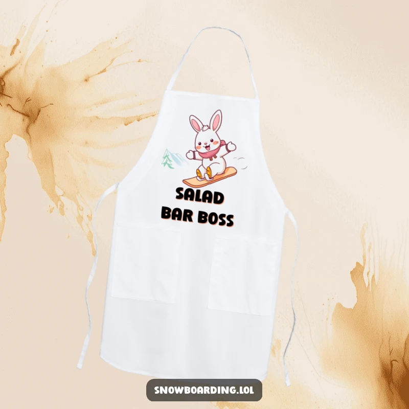 Funny rabbit snowboarder apron, a cheerful rabbit on a snowboard, ready to add speed and smiles to any cooking task.