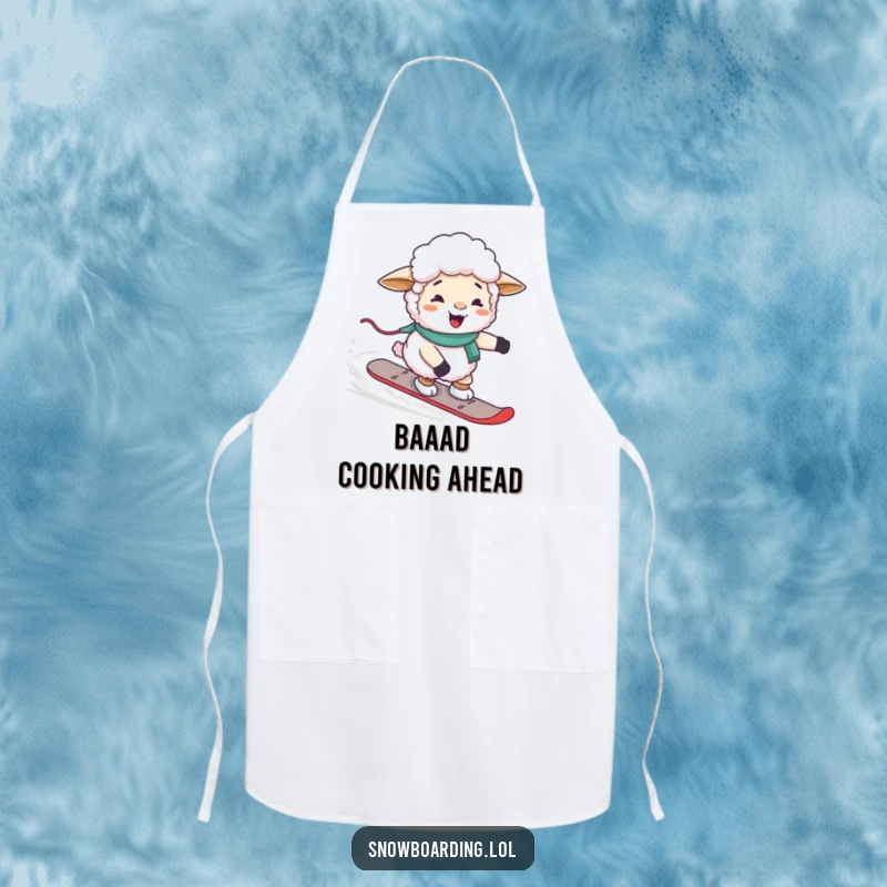 Funny giggling sheep awkwardly steering a snowboard, printed on a durable and humorous kitchen apron.