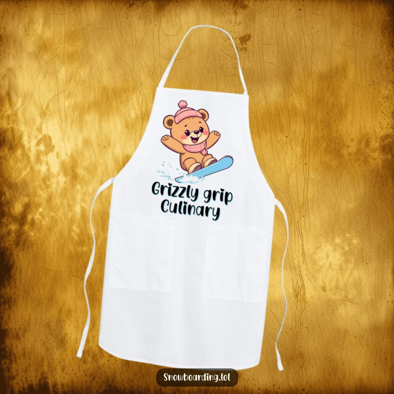 Funny Snowboard Bear Cub Apron: A bear cub gleefully snowboarding and carving turns, perfect for a playful chef.