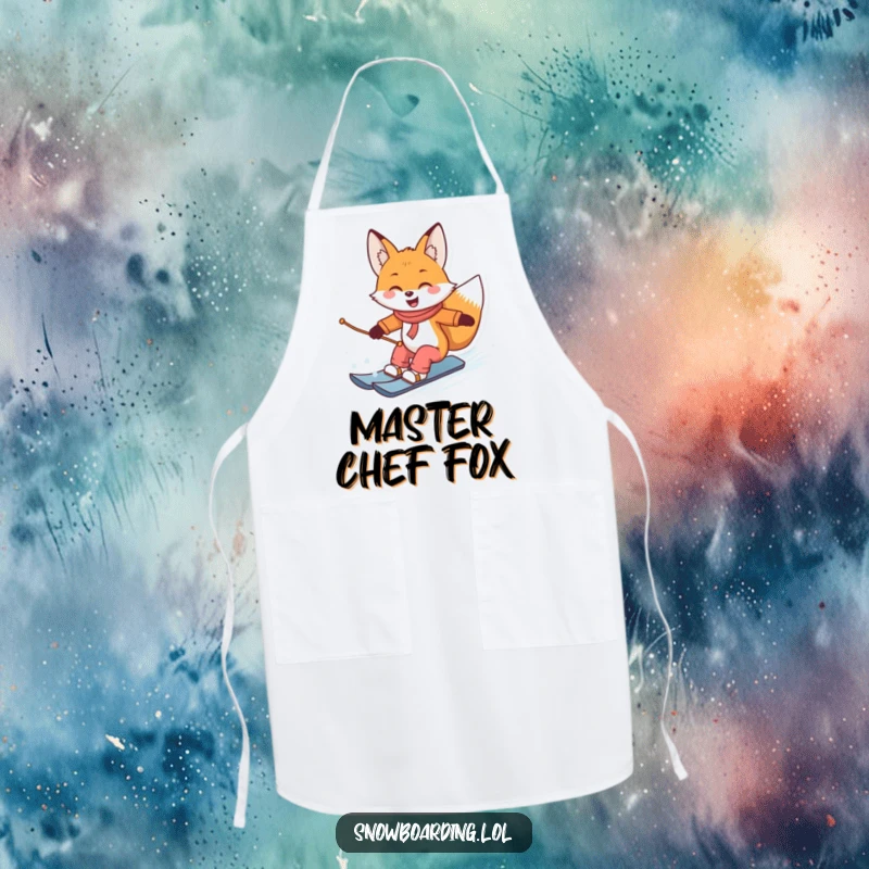 Funny apron with a smiling fox snowboarding and carving turns, perfect for adding humor to kitchen activities.
