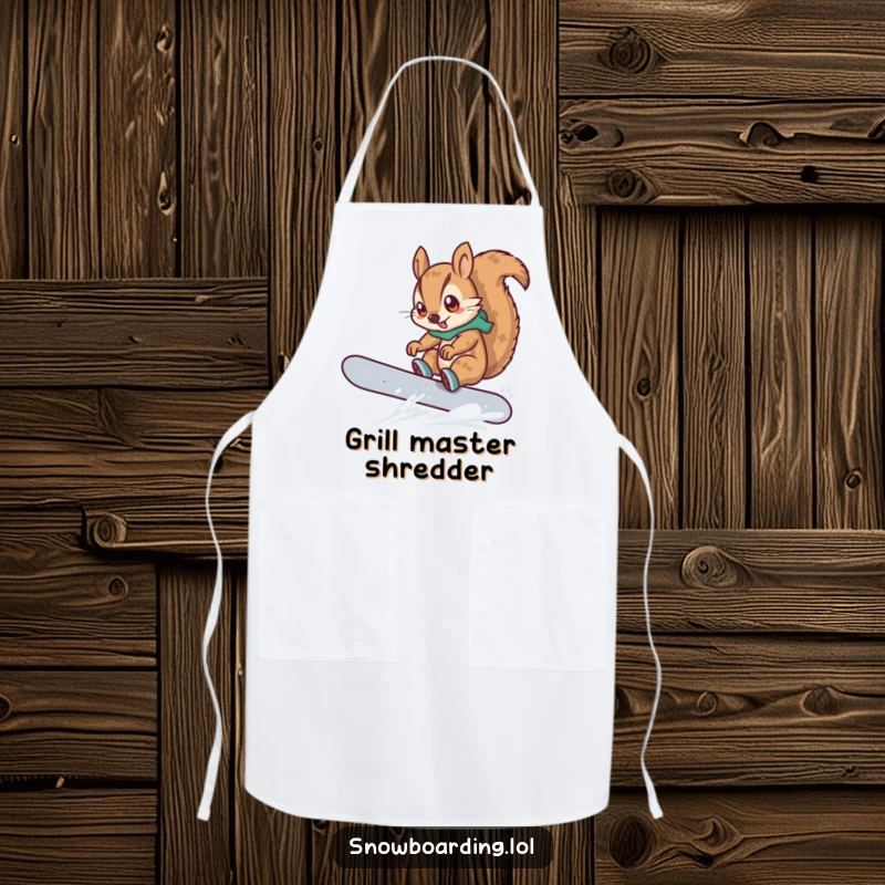 Funny apron featuring a determined squirrel snowboarding and performing a trick, a cartoon character adding winter fun to kitchen tasks.