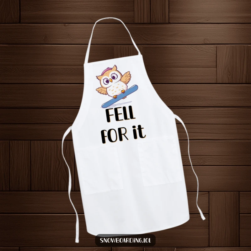Funny apron with a startled owl tumbling off a snowboard, eyes wide with comical surprise.