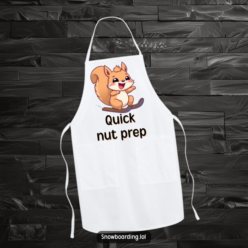 Funny apron showing a squirrel with a wide grin, speeding downhill while preparing food. Perfect for cooks.