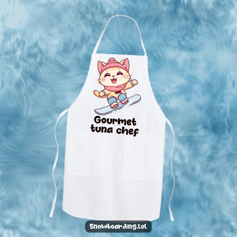 Funny apron showcasing a curious cat snowboarding, fun for kitchen use and cat enthusiasts.