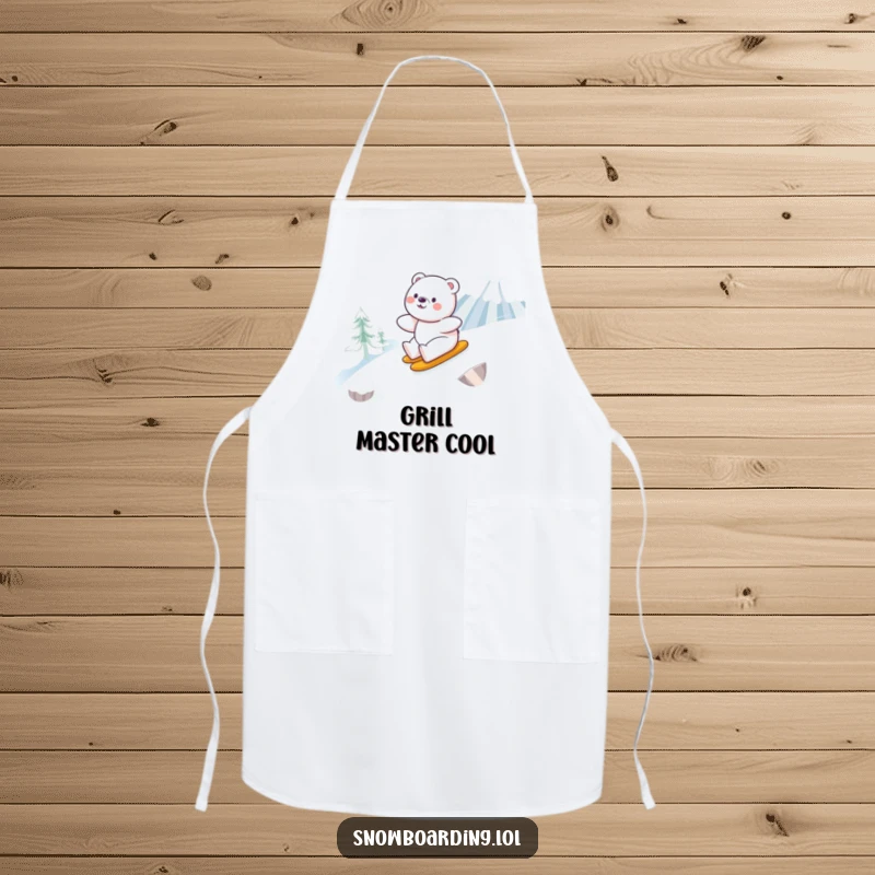 Funny apron featuring a happy bear smoothly snowboarding down a snowy mountain, perfect for adding humor to kitchen duties.