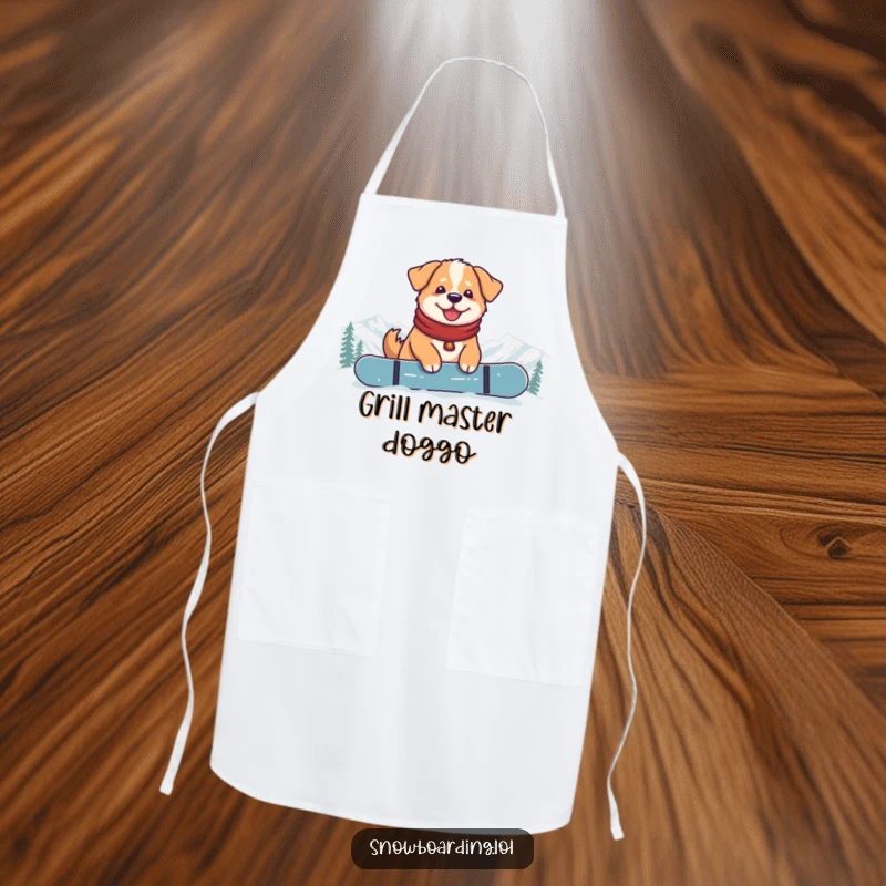 Funny Content Dog Snowboarder Apron: A cute dog sitting relaxed on a snowboard, perfect for kitchen protection.