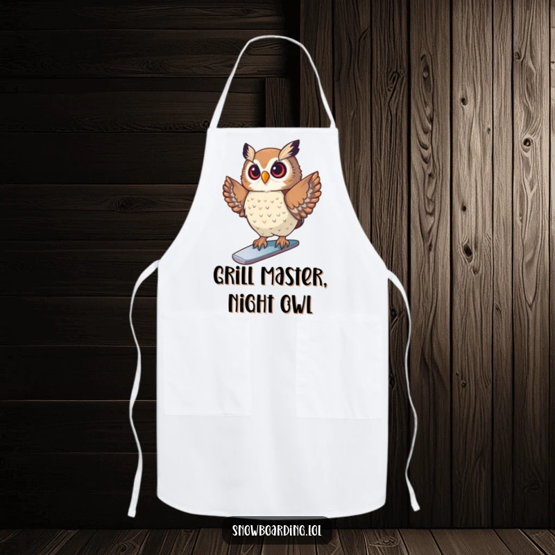 Funny Apron featuring a proud owl striking a pose on a snowboard, perfect for kitchen endeavors with a humorous winter sports twist.