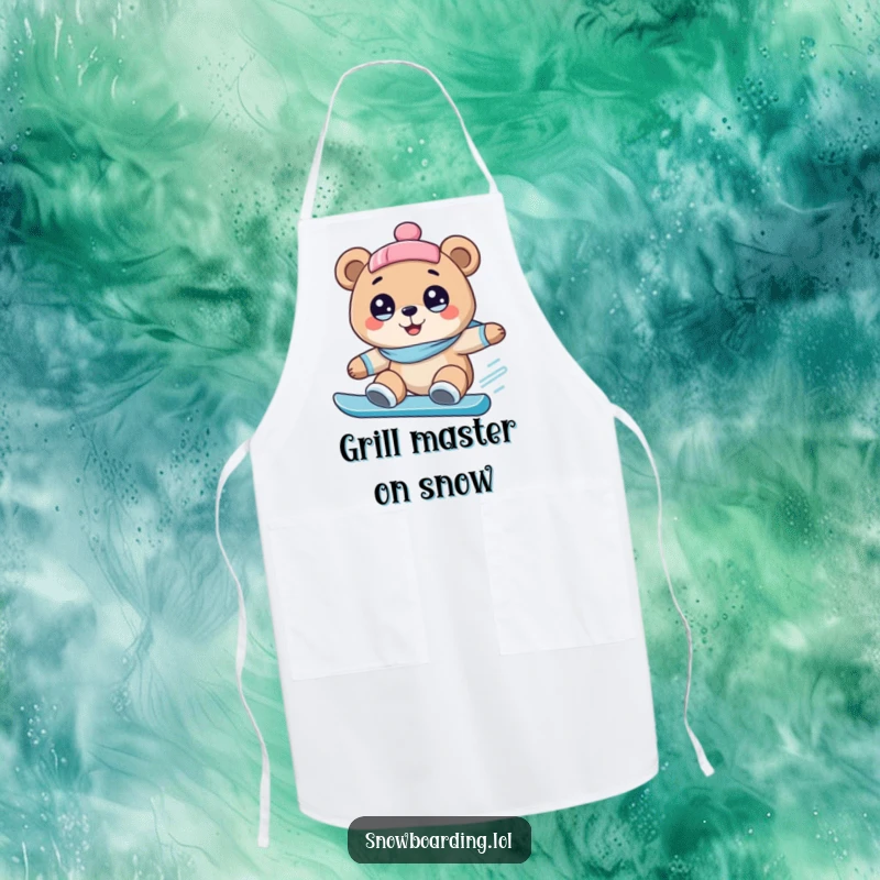 Funny apron with a happy bear having wide, excited eyes while snowboarding downhill, perfect for kitchen protection and humor.